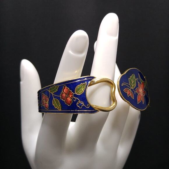 Vintage Cloisonne Blue Enamel Red Flower Bracelet, Hinged, 1970s, 7 Inches - Picture 7 of 10